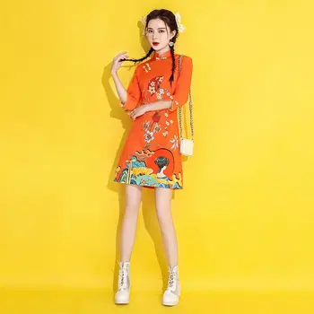  Новинка 2023 года, Шикарный китайский Чонсам Для молодых девушек, Короткая Оранжевая китайская Традиционная одежда, Китайское платье Qipao Dress Vestido